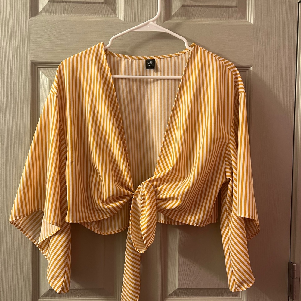 SHEIN Yellow & White Striped Tie-Front Crop Top